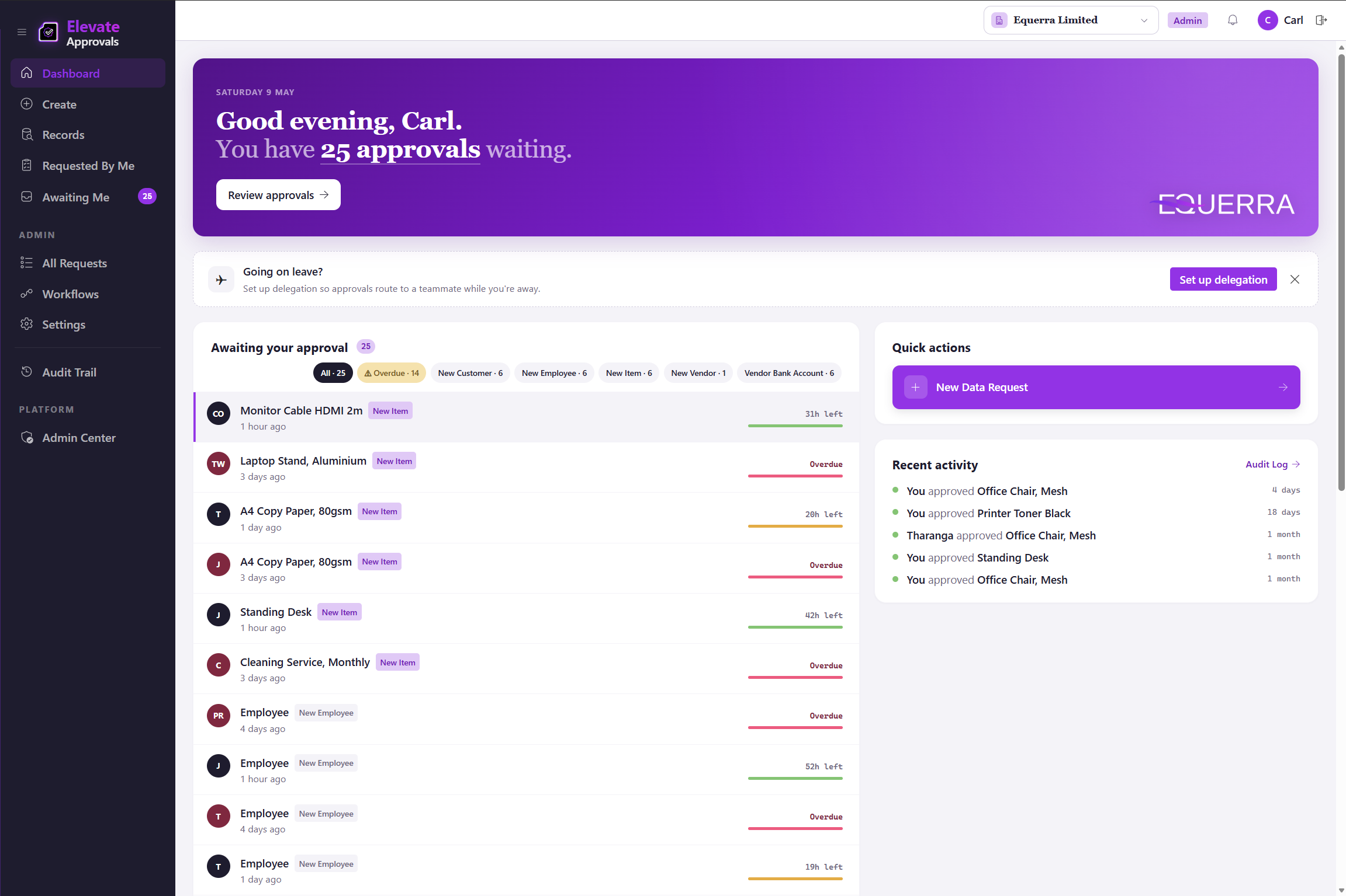 Elevate Approvals dashboard showing pending approvals, delegation setup, and recent activity