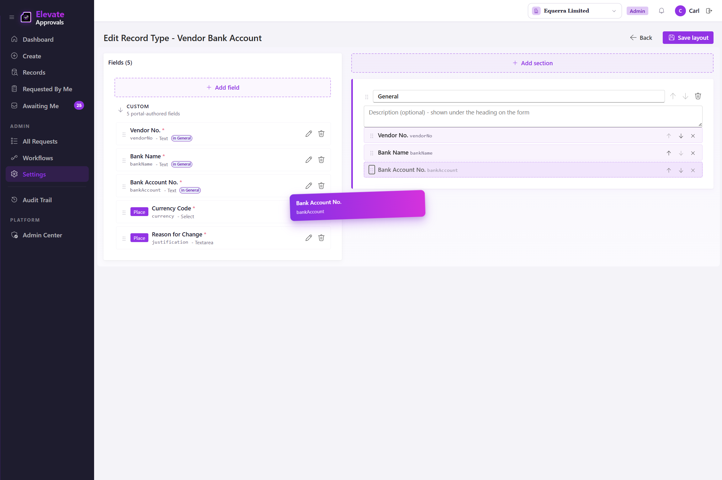 Drag-and-drop form builder configuring fields for a vendor record